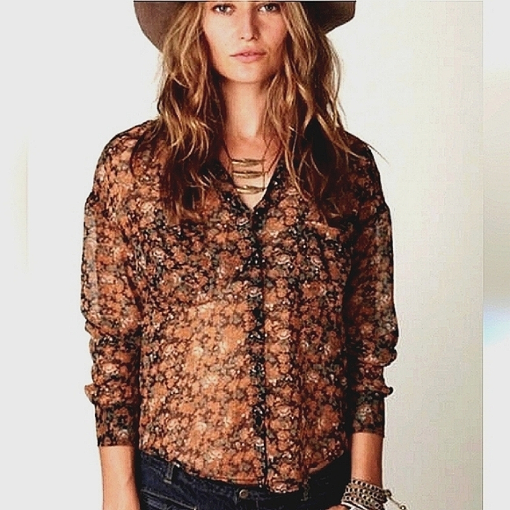 Free People, Floral Autumn Collared Blouse, Size M, Slightly Sheer